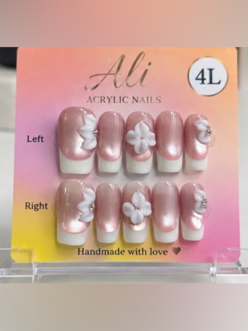 Pink Pearl French Acrylic Nails with 3D White Flower Accents